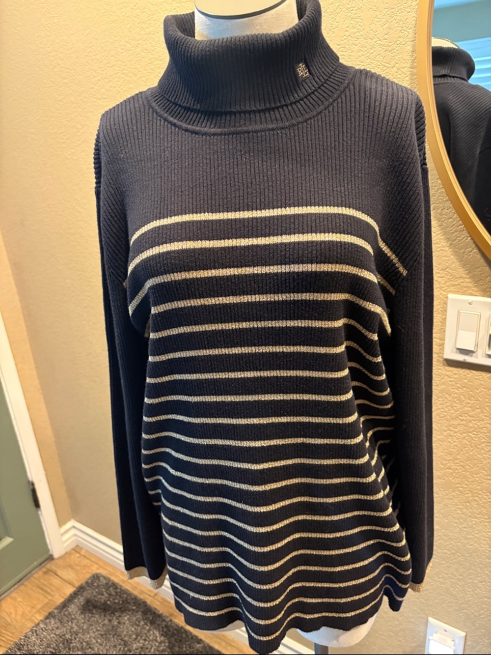 Lauren Ralph Lauren Black and Metallic Gold Striped Cowl Neck Sweater Tunic